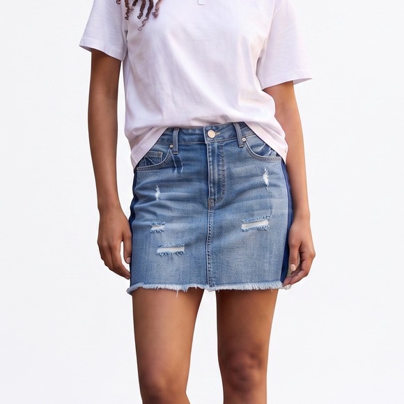C’Est Toi Dresses & Skirts - Black Label Cest Toi Distressed Denim Mini Skirt Two Tone Raw Hem Blue MS245 L